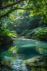 Naklejka premium Meditative scene with turquoise water, lush greenery, conveying tranquility