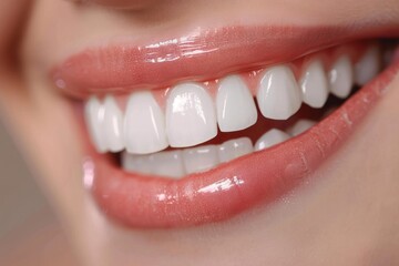 Beautiful white smile close up. Female white teeth close up, tooth whitening concept or toothpaste advertising - obrazy, fototapety, plakaty