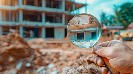 Fototapeta na wymiar engineer use magnifying glass inspecting construction new house.inspecting construction and quality assurance new house. Engineers or architects or contactor work to build the house.