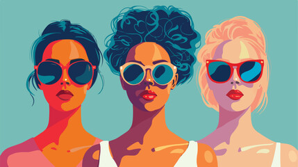 Vector illustration of three women with sunglasses - obrazy, fototapety, plakaty