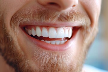 Beautiful white smile close up. male white teeth close up, tooth whitening concept or toothpaste advertising