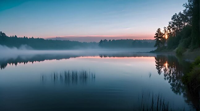 Nighttime, sunrise, daytime time lapse with misty fog evaporating off a lake