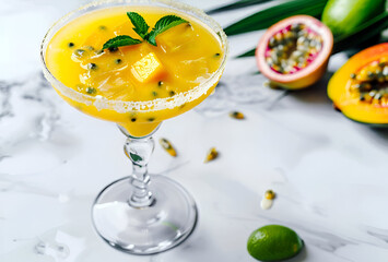 Margarita cocktail made of mango, passion fruit and lime. Mocktail "Margarita". Non-alcoholic and alcoholic tropical drinks with fruits.