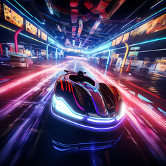 Futuristic hovercraft racing through a neon-lit track