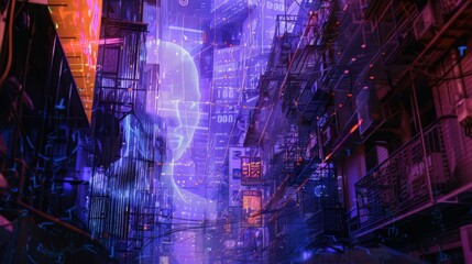 a transparent neon ghost of a digital ancestor - futuristic technology cyber background - digital ghost - obrazy, fototapety, plakaty
