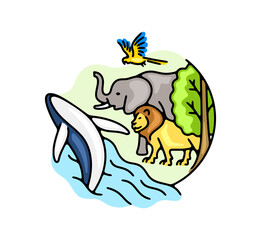 Ecosystem, animals, plants, fish and birds. Environment, lion, elephant, macaw parrot, whale, ocean and trees, illustration