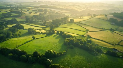 Aerial view of pastures and farmlands in brittany beautiful countryside with green fields and meadow - obrazy, fototapety, plakaty