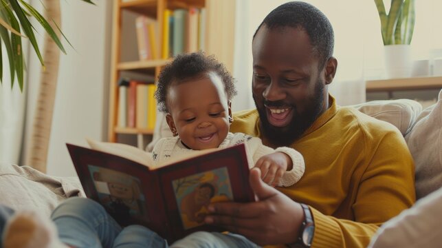Happy black father relax and read book with baby time together at home. parent sit on sofa with daughter and reading a story. learn development, childcare, laughing, education, storytelling, practice.