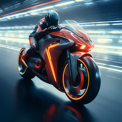 Futuristic motorcycle race on a high-tech track.