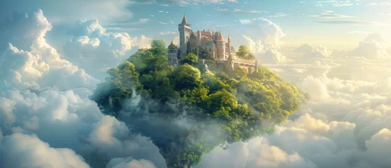 Fotobehang A castle is floating in the sky above a lush green hill © Woraphon