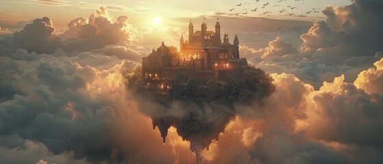 A castle is floating in the sky with clouds surrounding it