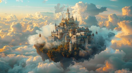 A castle is floating in the sky with clouds surrounding it