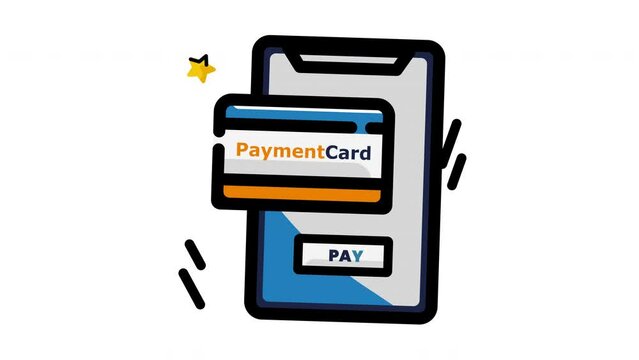 Mobile phone animation with payment card, ideal for finance apps, online transactions, digital wallets, ecommerce websites, mobile banking concepts, and contactless payments.