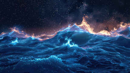 A stunning scene unfolds as glowing blue bioluminescent waves crash onto a dark beach beneath a vast starry night sky. - obrazy, fototapety, plakaty