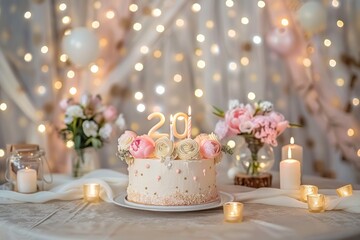 Cake with candles with the number 20 on a beautiful background. 20th anniversary birthday background