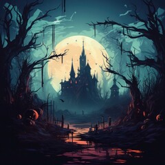 halloween illustration with silhouette of castle at glowing moon and dead trees near