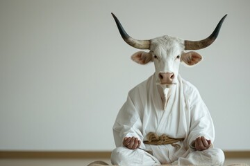 Calm looking bull with horns wearing simple white clothes, sitting on ground in lotus like position - obrazy, fototapety, plakaty
