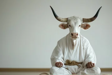 Foto op Plexiglas Calm looking bull with horns wearing simple white clothes, sitting on ground in lotus like position © Anna