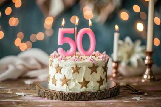 Cake with candles with the number 50 on a beautiful background. anniversary birthday background