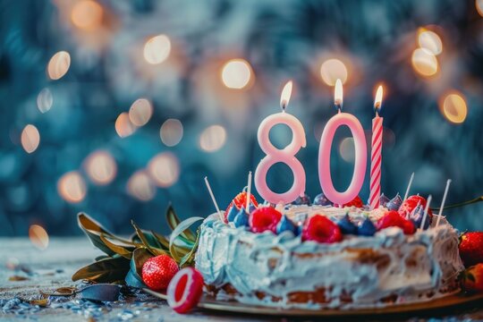 Cake with candles with the number 80 on a beautiful background. anniversary birthday background