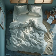 An aerial shot of a whitesheeted bed on wooden frame in a cozy bedroom