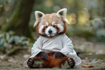 Calm looking red panda simple white clothes, sitting on ground in lotus like position. Zen meditation concept
