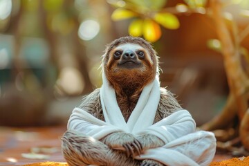 Fototapeta premium Calm looking sloth simple white clothes, sitting on ground in lotus like position. Zen meditation concept