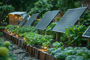 Eco-Friendly Garden with Solar Panels Amongst Lush Vegetation at Dusk