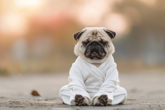 Calm looking pug dog simple white clothes, sitting on ground in lotus like position. Zen meditation concept