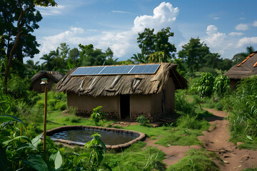 Fototapeta na wymiar A traditional mud hut with a thatched roof equipped with a modern solar panel, next to a small water purification system, surrounded by lush greenery under a clear blue sky.