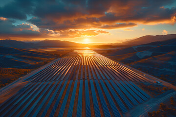 The setting sun casts a golden glow over an extensive solar farm, with rows of panels stretching...