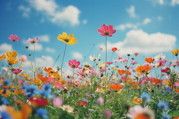A vibrant field of wildflowers in full bloom, with petals of myriad colors swaying under a clear blue sky dotted with fluffy white clouds, captures the essence of spring.