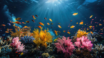 Vibrant underwater scene of a sunlit coral reef bustling with life, featuring a multitude of tropical fish swimming among colorful corals. - obrazy, fototapety, plakaty