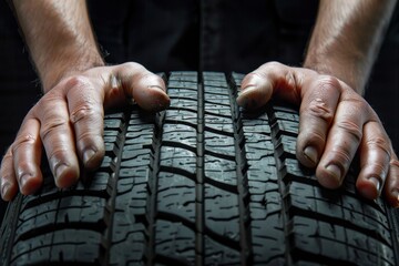 Car tire service and hands of mechanic holding new tyre on black background