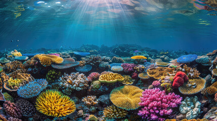 Obraz na płótnie Canvas Featuring a multitude of tropical fish swimming among colorful corals, a vibrant underwater scene of a sunlit coral reef comes to life with bustling activity.