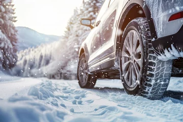 Gordijnen Car wheel on snow in winter landscape © Anna