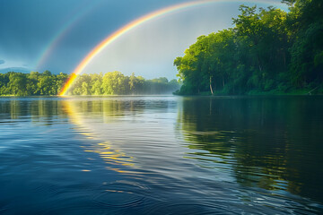 Double Rainbow Over a Serene Lake and Lush Forest. A tranquil lake becomes the canvas for a perfect rainbow reflection after a brief rain, with verdant trees framing the serene, misty water's surface.