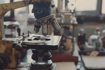 Vintage Microscope in Laboratory: Classic Scientific Research Equipment. A close-up view of an aged microscope with metal lenses, hinting at a rich history of scientific exploration and discovery.