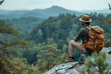A hiker with a backpack takes a restful pause on a mountain trail, taking in the expansive views of lush forests and distant peaks, embodying the spirit of wanderlust.
