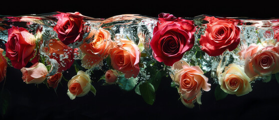 Vibrant roses plunging into a dark water tank, creating a romantic splash pattern