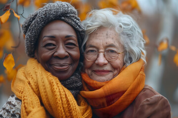 Two happy senior women of different ethnicities share a close embrace, smiling warmly amidst autumn leaves, symbolizing friendship and diversity.