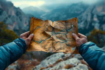 Hands of a traveler unfold an old map against the backdrop of a dramatic mountain range, embodying the spirit of adventure and exploration.