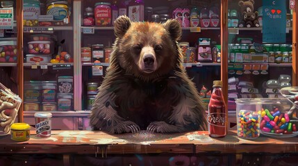 belly bear is misbehaving in the candy store - obrazy, fototapety, plakaty
