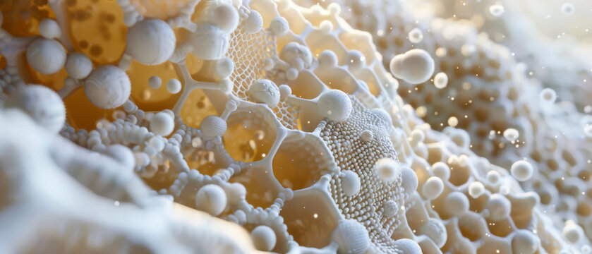 Zinc oxide particles settling on hexagonal skin cells, illustrating sun protection