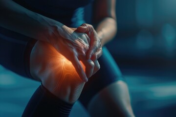 Painful knee in 3D focus, under moody lighting, illustrating the relief chiropractic care offers - obrazy, fototapety, plakaty