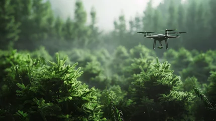 Keuken spatwand met foto AI-driven reforestation drones planting millions of trees, forest landscape blurred in the back © Anuwat