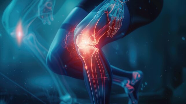 Captivating 3D knee pain representation, lit moodily to emphasize chiropractic solutions