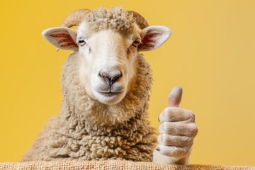 Cute funny ram - male sheep, smiling, showing approving thumbs up to appreciate good work or product