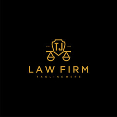 TJ initial monogram for lawfirm logo with scales shield image