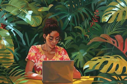 Young woman working on her laptop, in lush tropical environment with vibrant foliage. Concept of digital nomad and freelance work, blending the flexibility of remote work with the beauty of nature.